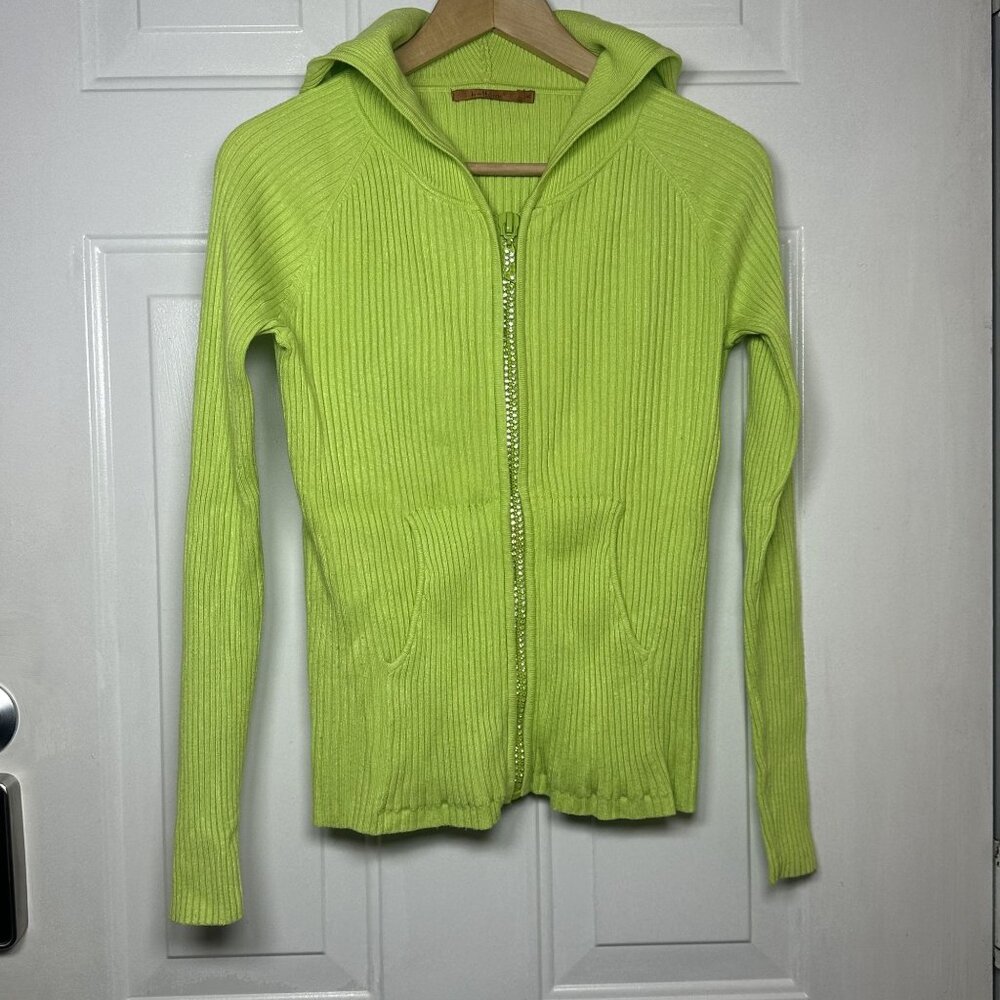 Belldini Bright Green Hooded Ribbed Sweater with Rhinestone Zipper‎ Size Medium